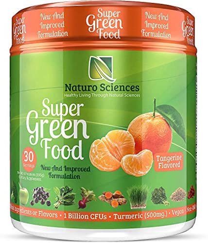 100% Natural Greens Powder, Over 10 Hard to Get Superfoods, Greens Supplement Powder 1 Month's Supply, Green Organic Blend with 1 Billion CFU Probiotics and 500mg Turmeric, Tangerine Flavor, 30 Svgs.