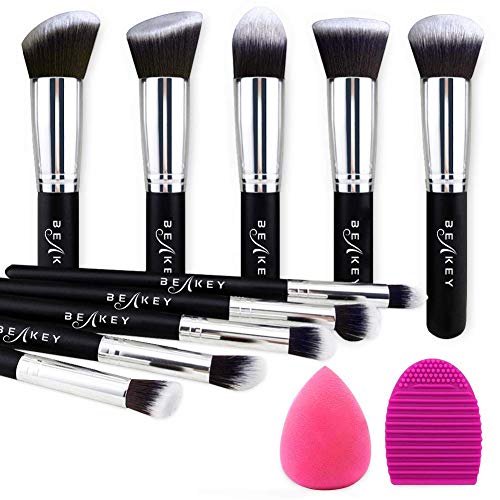 BEAKEY Makeup Brush Set, Premium Synthetic Kabuki Foundation Face Powder Blush Eyeshadow Brushes Makeup Brush Kit with Blender Sponge and Brush Cleaner (10+2pcs, Black/Silver)