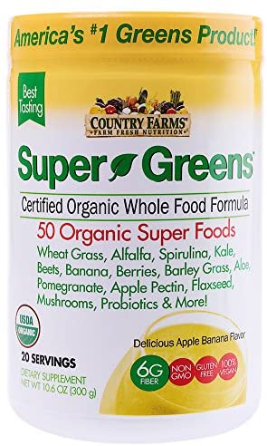 Country Farms Super Greens Banana Flavor, 50 Organic Super Foods, USDA Organic Drink Mix, 20 Servings, 10.6 Ounce