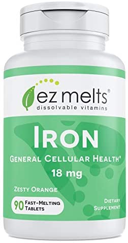 EZ Melts Iron as Elemental Iron, 18 mg, Sublingual Vitamins, Vegan, Zero Sugar, Natural Orange Flavor, 90 Fast Dissolve Tablets