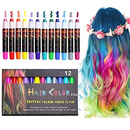 EZCO 12 Color Temporary Hair Chalk Pens Crayon Salon Washable Hair Color Dye Face Kit Safe for Makeup Birthday Party Gift for Girls Kids Teen Adult