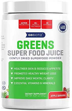 GoBiotix Greens Superfood Juice | Organic Green Veggie Powder | 20+ Fruits & Vegetables | Promotes Gut Health | Antioxidant with Probiotic Blends | Gluten Free Non-GMO Vegan | Apple Banana 450g