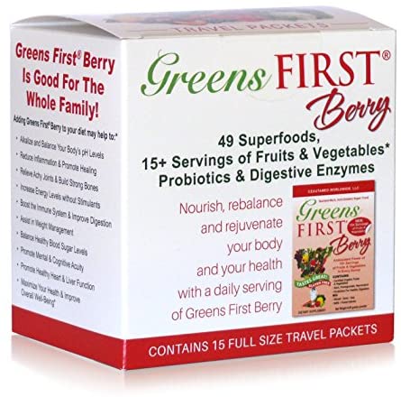 Greens First Berry - 15 Count Travel Packets - 49 Superfoods, 15+ Servings of Fruits & Vegetables, Probiotics & Digestive Enzymes