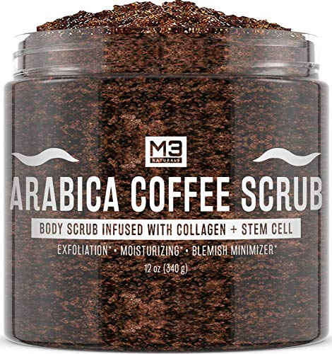 M3 Naturals Arabica Coffee Scrub Infused with Collagen and Stem Cell - Natural Body and Face Scrub for Acne, Cellulite, Stretch Marks, Spider Veins, Scars - Skin Care Exfoliator 12 oz