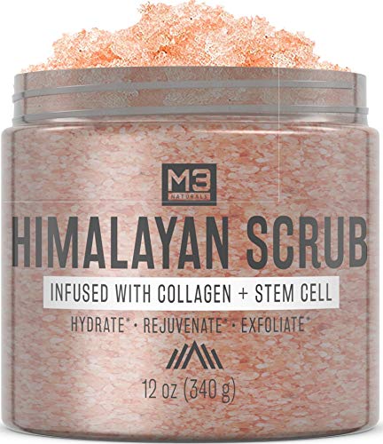 M3 Naturals Himalayan Salt Scrub Infused with Collagen and Stem Cell Natural Exfoliating Body Souffle Face for Acne Cellulite Dead Skin Scars Wrinkles Cleansing Exfoliator 12 oz