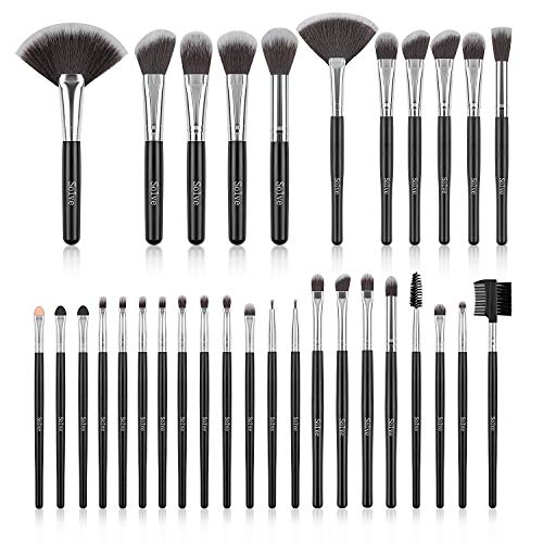 Makeup Brush Set, SOLVE 32 Pieces Professional Makeup Brushes Wooden Handle Cosmetics Brushes Foundation Concealer Powder Face Eye Make up Brushes Kit, Black