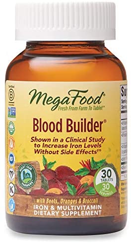 MegaFood, Blood Builder, Iron Supplement, Support Energy and Combat Fatigue Without Nausea or Constipation, Non-GMO, Vegan, 30 Tablets/Take 1 Daily (FFP)