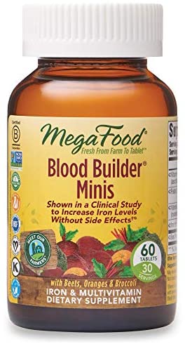 MegaFood, Blood Builder Minis, Daily Iron Supplement and Multivitamin, Supports Energy and Red Blood Cell Production Without Nausea or Constipation, Gluten-Free, Vegan, 60 Tablets (30 Servings)