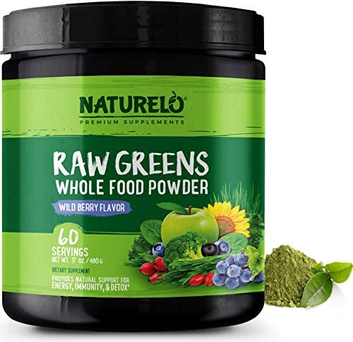 NATURELO Raw Greens Superfood Powder - Wild Berry Flavor - Boost Energy, Detox, Enhance Health - Organic Spirulina - Wheat Grass - Whole Food Vitamins from Fruit, Vegetable Extracts - 60 Servings