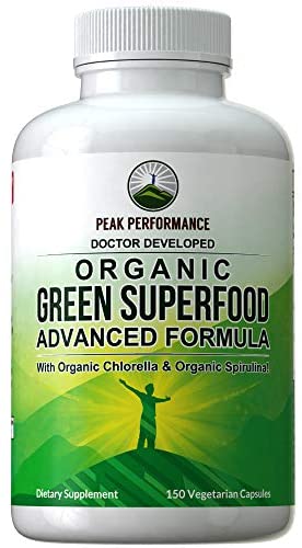 Organic Super Greens 150 Capsules - Green Juice Superfood Supplement with 25 All Natural Amazing Ingredients. Max Energy and Detox Super Food Pills with Spirulina, Spinach, Kale, Turmeric, Probiotics