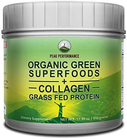 Peak Performance Organic Greens Superfood + Grass Fed Collagen - Ultimate Blend of Best Tasting Organic Green Juice Superfood with Pure Pasture Raised Hydrolyzed Protein Powder. 42+ Greens and Aminos