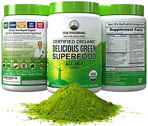 Peak Performance Organic Greens Superfood Powder. Best Tasting Organic Green Juice Vegan Super Food with 25+ All Natural Ingredients for Max Energy and Detox. Spirulina, Spinach, Kale, Probiotics