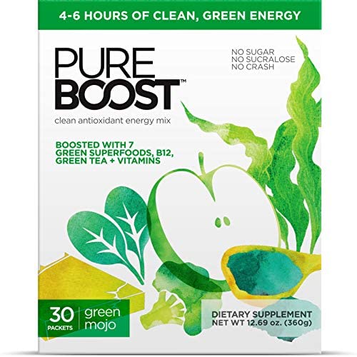 Pureboost Clean Energy Drink Mix with B12, 7 Organic Green Superfoods and Vitamins. Green Apple Flavor. No Sugar. No Sucralose. (30 Count, Green Mojo)