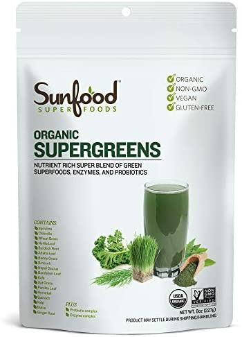 Sunfood Superfoods Supergreens Drink Powder Raw Organic (Sun Is Shining) - 19 Green Super-Foods, Probiotic & Enzyme Blend - Digestive Health, Immunity, Nutrition, Alkalizing, Energizing 8 oz Bag