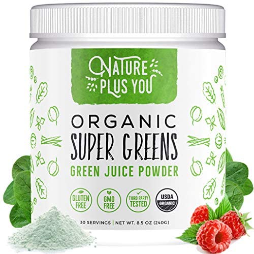 Super Greens - 100% USDA Certified Organic Non-GMO Supplement, Includes Spirulina, Alfalfa, Spinach, Probiotics, Fiber and Digestive Enzymes, No Artificial Sweeteners, 30 Servings by Nature Plus You