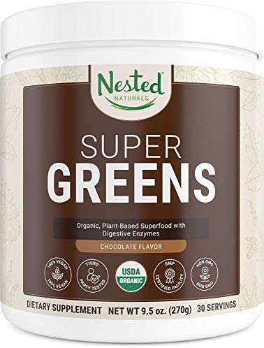 Super Greens Chocolate | #1 Green Vegetable Superfood Powder | 100% USDA Organic Non-GMO Vegan Supplement | 20+ Whole Foods (Wheat Grass, Spirulina, Chlorella), Probiotics, Enzymes Smoothie Mix