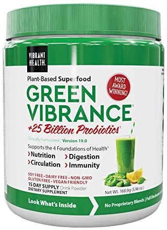 Vibrant Health, Green Vibrance, Plant-Based Superfood Powder, 25 Billion Probiotics Per Scoop, Vegetarian and Gluten Free, 15 Servings (FFP)