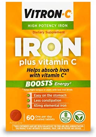 Vitron-C High Potency Iron Supplement with Vitamin C, Boosts Energy, 60 Count