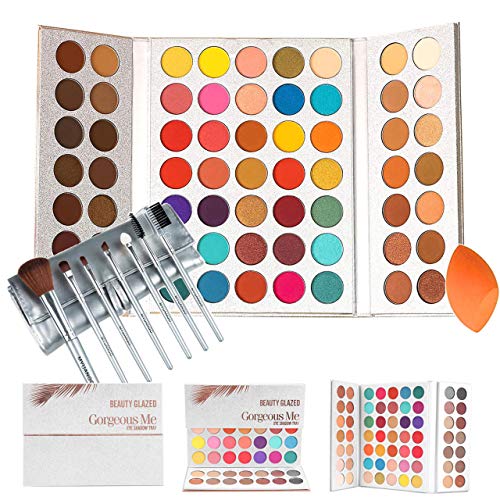 Beauty Glazed Gorgeous Me Eyeshadow Palette Pigmented Professional Makeup Pallet Long Lasting Eye Makeup Set 63 Colors Waterproof Matte And Shimmers Glitters With Brush Sets and Squeeze Sponge