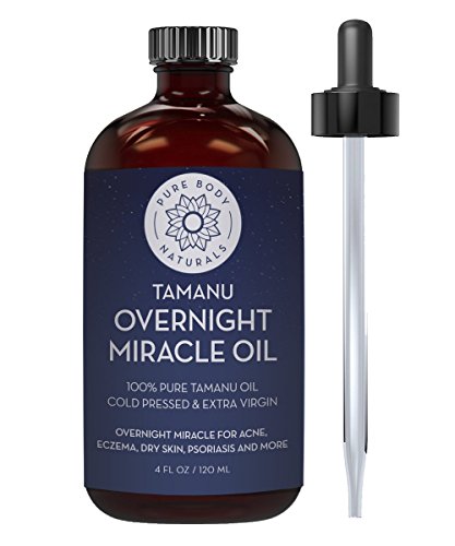 Cold Pressed Tamanu Oil for Psoriasis, Eczema, Acne Scar, Foot Fungus, Rosacea - Relief for Dry, Scaly Skin, Blisters with Bonus Info + Recipe Guide by Pure Body Naturals, 4 Fl. Ounce (Label Varies)