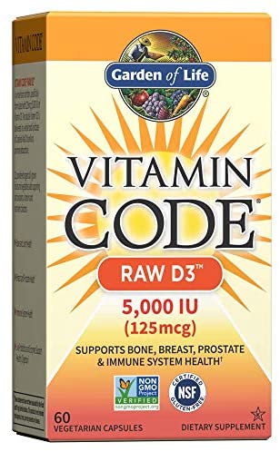 Garden of Life Vitamin D, Vitamin Code Raw D3, Vitamin D 5,000 IU, Raw Whole Food Vitamin D Supplements with Chlorella, Fruit, Veggies & Probiotics for Bone & Immune Health, 60 Vegetarian Capsules