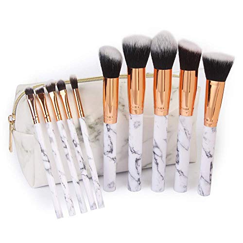 Marble Makeup Brushes Set,10Pcs Cosmetic Brush with White PU Leather Makeup Brush Bag Eyeshadow Face Eyeliner Blush Contour Foundation Make up Brushes for Women Powder Organizer Holder Bag