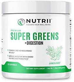 Nutrii Organic Green Immunity Superfood with Turmeric, Probiotics, Digestive Enzymes and Ashwagandha, Natural Veggie and Antioxidant Vitamin Supplement, Men and Women, (20 Servings, Lemon-Mint Flavor)