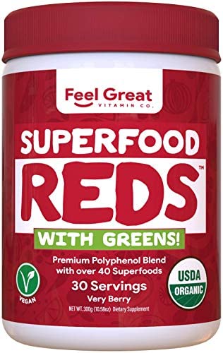 Superfood Vital Reds with Greens Juice Powder by Feel Great 365, Doctor Formulated,100% Non-GMO, Whole Food Multivitamin Powder - Fruits, Vegetables, Probiotics, Digestive Enzymes & Polyphenols