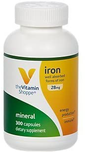 The Vitamin Shoppe Iron 28MG, Well Absorbed Forms of Iron, Supports Immune Health Energy Production, Essential Mineral, Once Daily (300 Capsules)