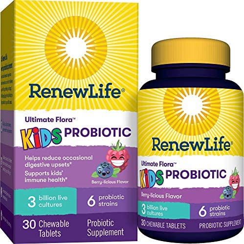 Renew Life Ultimate Flora Kids Probiotics 3 Billion CFU Guaranteed, 6 Strains, Shelf Stable, Gluten Dairy & Soy Free, 30 Chewable Tablets, Berry flavor (Packaging May Vary)-60 Day Money Back Guarantee