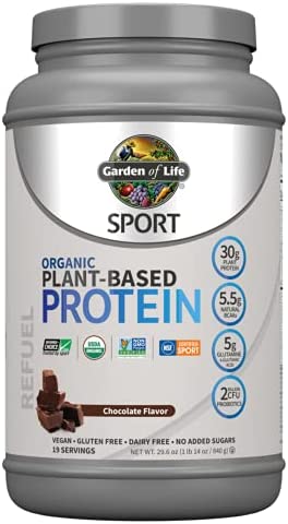 Garden of Life Sport Organic Plant Based Protein Powder Chocolate, 30g Protein Per Serving, Premium Vegan Protein Powder for Women & Men, Plant BCAA Powder, Recovery Blend & Probiotics, 19 Servings