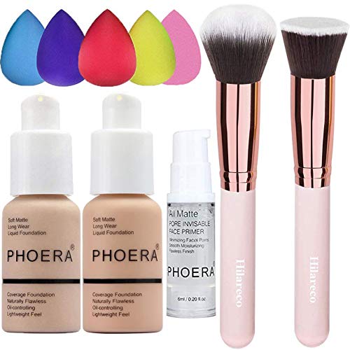 PHOERA Foundation 102 and 103 & Face Primer,Liquid Full Coverage Foundation Set,Foundation Brush Powder Brush,5 Makeup Sponge,30ml PHOERA 24HR Matte Oil Control Concealer (Nude #102 + Warm Peach #103)